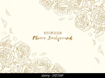 Background Floral Hand Drawn Rose Outline Flower Leaves Template Stock Vector