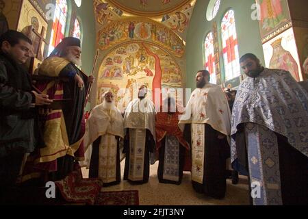 Israel, Capernaum by the Sea of Galilee. The Greek Orthodox Blessing the Water Ceremony on Theophany holiday at the Church of the Twelve Apostles, Kir Stock Photo