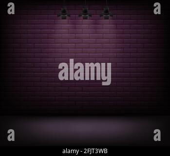 Lighted stage with neon brick wall behind, vector background Stock Vector