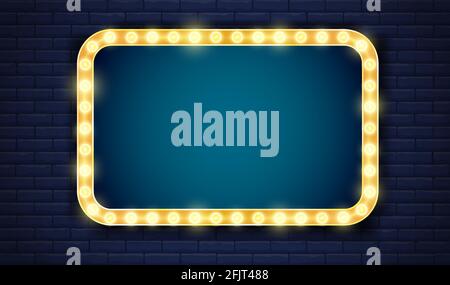 Gold and blue colored sign board on brick wall with light neon frame Stock Vector