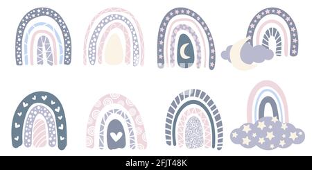 Set of abstract rainbow doodle Nordic style decor on white background Stock Vector