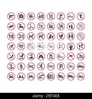 Red prohibition sign set. Forbidden signs with no food, no camera, no parking and ect. Stock Vector