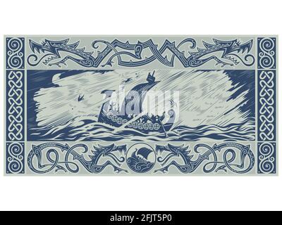 Scandinavian design. Viking ship Drakkar with a dragons head. Warship of the Vikings, Scandinavian pattern in the shape of a winged dragon Stock Vector