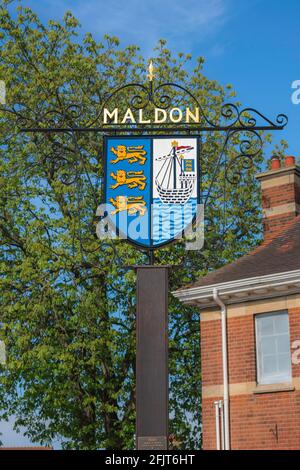Maldon Essex UK, view of a sign displaying the coat of arms of the Essex town of Maldon, England, UK Stock Photo