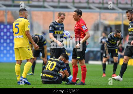 Milano, Italy. 25th, April 2021. Christian Eriksen (24) and Lautaro Martinez (10) of Inter Milan seen in the Serie A match between Inter Milan and Hellas Verona at Giuseppe Meazza in Milano. (Photo credit: Gonzales Photo - Tommaso Fimiano). Stock Photo