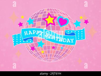 Happy birthday text over ribbon banner against disco ball and stars on pink background Stock Photo