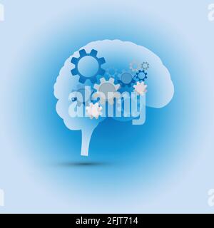 Brain with blue toothed wheels representing a continuous mechanism Stock Vector