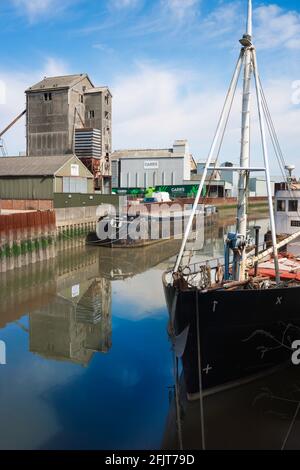 River Chelmer Maldon, view of a barge and ship moored in the old ...