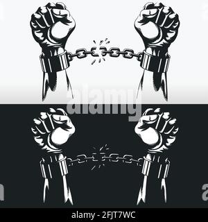 Freedom Hand Breaking Handcuff Chains Silhouette Stecil Vector Drawing Stock Vector