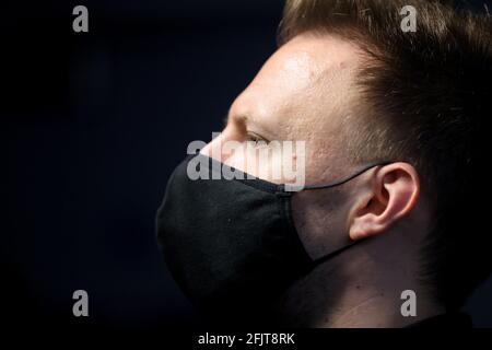 Judd Trump of England wears a face mask before entering the table during day 10 of the Betfred World Snooker Championships 2021 at The Crucible, Sheffield. Picture date: Monday April 26, 2021. Stock Photo