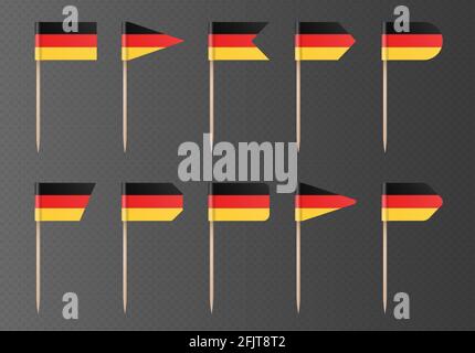 German toothpick flags isolated on a dark transparent background. Decoration for German Unity Day. Stock Vector