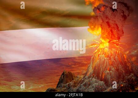 big volcano blast eruption at night with explosion on Sierra Leone flag background, troubles because of disaster and volcanic earthquake conceptual 3D Stock Photo