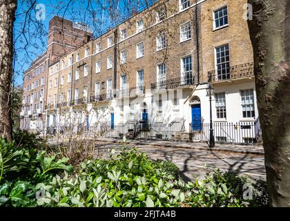 Georgian terraced town houses, London. A bright spring view of a row of typical London town houses on a quiet street without traffic or parked cars. Stock Photo