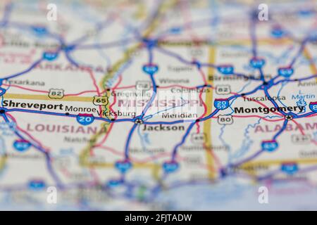 Mississippi USA and surrounding areas Shown on a road map or Geography map  Stock Photo - Alamy