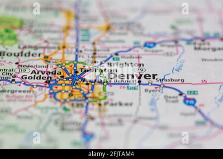 Denver Colorado USA and surrounding areas Shown on a road map or ...