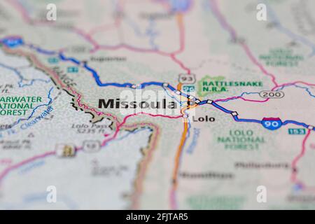 Missoula Montana USA shown on a - Missoula Montana Usa And Surrounding Areas Shown On A Road Map Or Geography Map 2fjtar5 