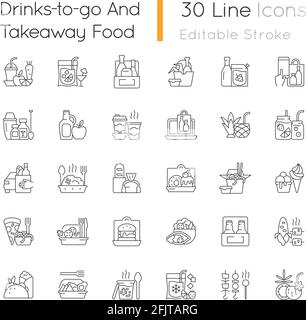 Drinks to go and takeaway food linear icons set Stock Vector