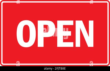 Open sign. White on red background. Perfect for Business concepts, label, plates, sign, symbol for restaurant, offices, stores, shop, bridges etc. Stock Vector