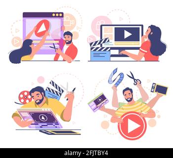 Motion graphic video designer, animator character set, flat vector illustration. People creating computer animation. Stock Vector