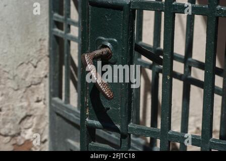 Old retro vintage iron lock and handle of metal garden door closeup Stock Photo