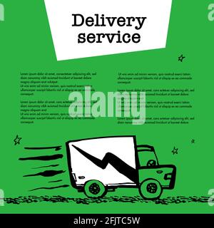 Delivery service concept. Web banner with Delivery guy handing a box on green background. Doodle ink style vector illustration. Stock Vector