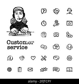Customer service concept. Online chat. Round shape frame with Help and Support Related Vector hand drawn icons and female character on yellow Stock Vector