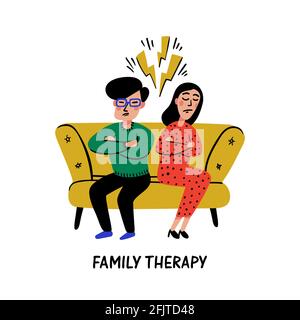 Psychology. Family therapy. Unhappy family couple characters on psychotherapist session. Doodle style flat vector illustration. Stock Vector