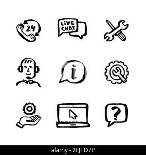 Naive style icon set. Call center concept. Customer service chat. Doodle ink style Set of Help and Support Related Vector hand drawn line icons Stock Vector