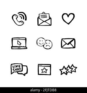 Naive style icon set. Call center concept. Customer service chat. Doodle ink style Set of testimonials related vector hand drawn line icons. Contains Stock Vector