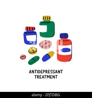 Psychology. Antidepressant treatment. Medication in jars and pills. Medical cure against stress and depression. Doodle style flat vector illustration. Stock Vector