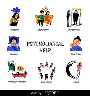 Psychological help. Set of hand drawn icons on theme of psychology. Mental problems, disorders and phobias. Doodle style flat vector illustration. Stock Vector