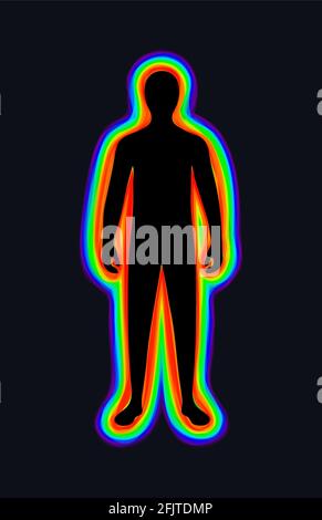 The aura of the body. The rainbow color marks the layers of the male body. The etheric, emotional, metallic, astral, celestial, and causal .Illustrati Stock Photo