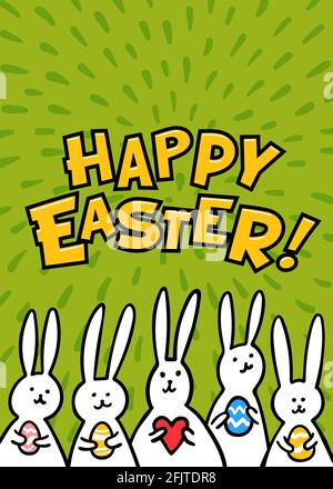 Easter greeting card. Happy easter inscription and cute white bunnies on green background. Vector illustration. Stock Vector