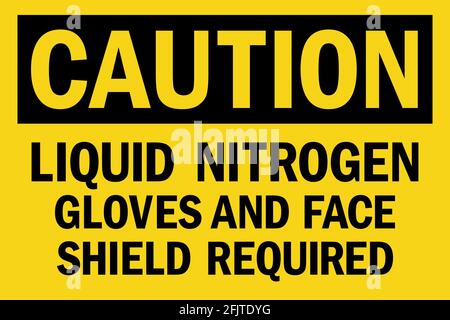 Liquid Nitrogen Gloves And Face Shield Required caution sign. Black on yellow background. Safety signs and symbols. Stock Vector