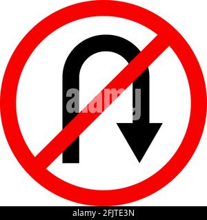 U-turn prohibited sign. Red circle background. Traffic safety signs and symbols. Stock Vector