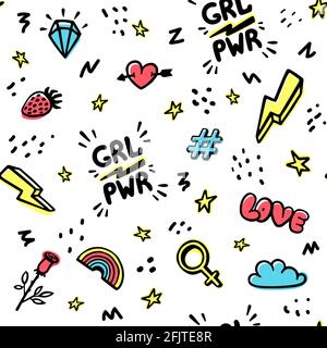 Girl power movement seamless pattern. Feminist inscriptions and icons on white background. Cute hand drawing illustration for print, wrapping, bag Stock Vector