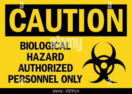 Biological hazard authorized personnel only caution sign. Black on yellow background. Safety signs and symbols. Stock Vector