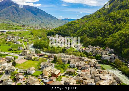 Valtellina (IT), Aerial view of the Boffetto and Carolo villages towards the west Stock Photo