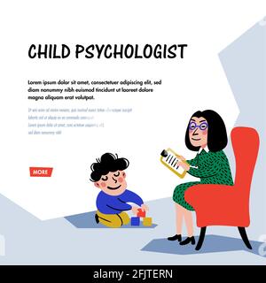 Psychology. Child psychologist. Woman Psychologist tests the child. Preparation for school. Doodle style flat vector illustration Stock Vector