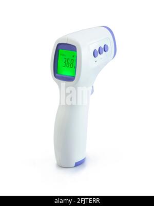 Infrared Thermometer, temperature measurement device isolated on white background Stock Photo