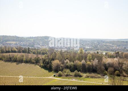 View over Dorking from Denbies Wine Estate in Surrey Hills, Surrey, England, Spring April 2021 Stock Photo