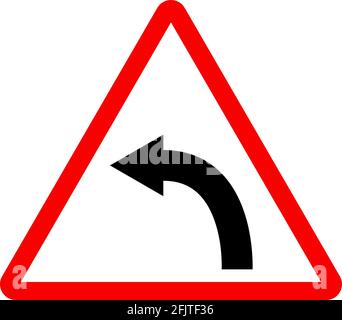 Left curve sign. Red triangle background. Road sign warning for a left curve. Traffic signs and symbols. Stock Vector