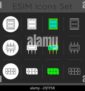 Microcircuits dark theme icons set Stock Vector