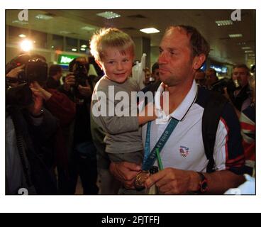 British Olympic Medalists arrive home at Heathrow airport....Steve Redgrave Coxless Four Rowing. Stock Photo