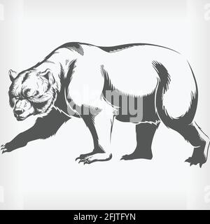 Silhouette Grizzly Brown Bear Walking Stencil Isolated Vector Drawing Stock Vector