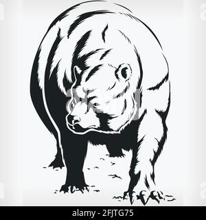 Silhouette Bear Walking Front View Stencil Isolated Vector Drawing Stock Vector