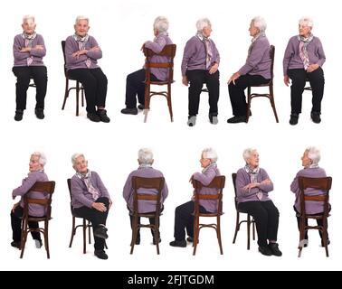 large group of same senior woman sitting on white background Stock Photo