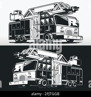 Silhouette Firefighter Truck Fire Engine Stencil Vector Drawing Stock Vector