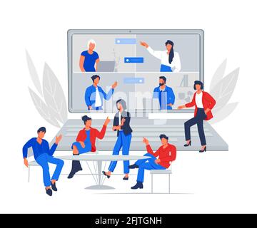 Business team on group video conference. Virtual team meeting or online training, video call. People communicating in office and online, flat vector i Stock Vector