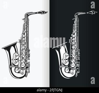 Silhouette Jazz Tenor Saxophone Music Stencil Isolated Vector Drawing Stock Vector